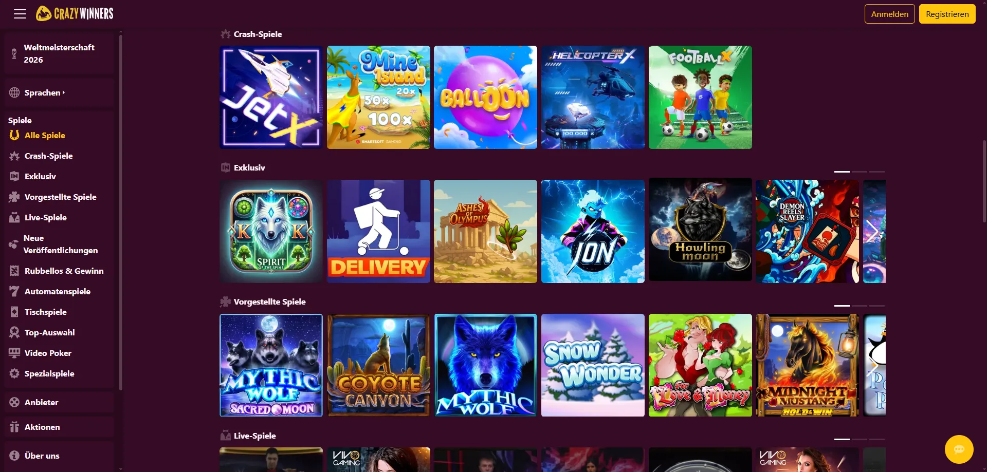 Spielauswahl bei Crazy Winners – Slots, Tischspiele und Live-Casino — Crazy Winners